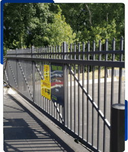 Cantilever gate with a DoorKing slide gate operator at an Extra Space Storage, installed by Peachtree Fence & Gates
