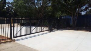 Cantilever gate with a DoorKing 9150 operator at a storage facility in Newnan, Ga., installed by Peachtree Fence & Gates